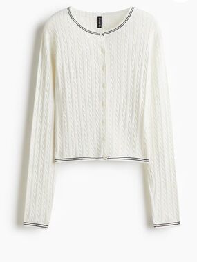 H&M White Cable Knit Button-Front Cardigan with Black Trim